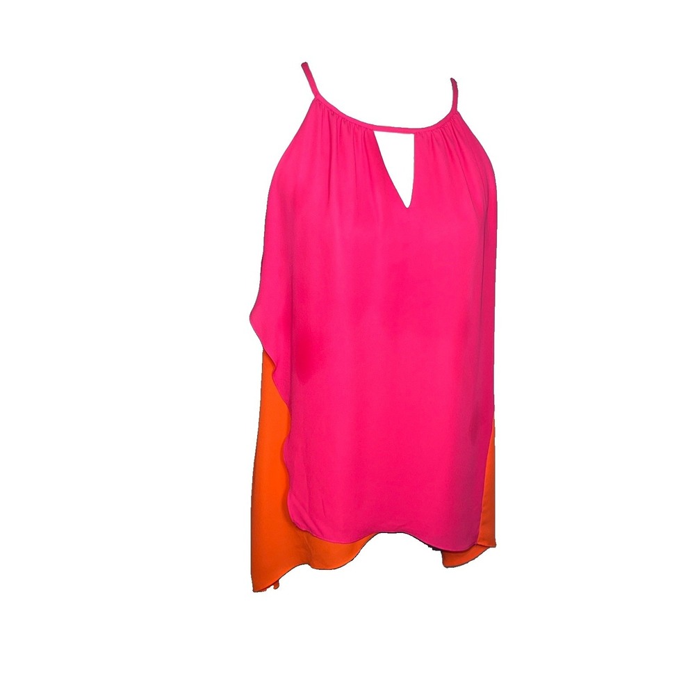 Worthington Round Gathered Neck Sleeveless Keyhole Asymmetric Pink Orange Women'